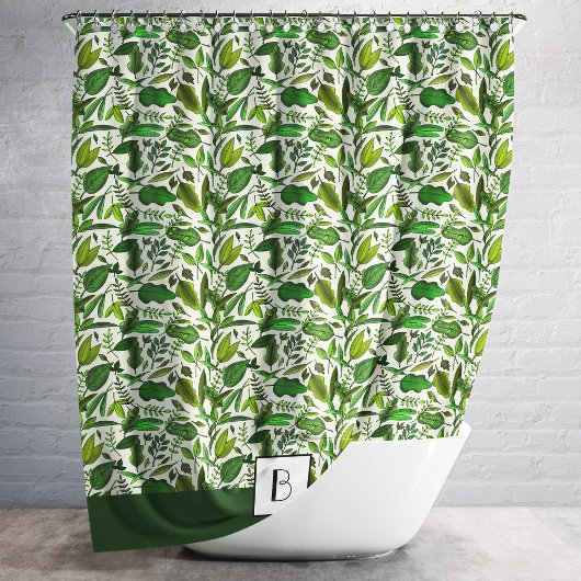 Elegant Monogram Green Leaves Pattern Douchegordijn