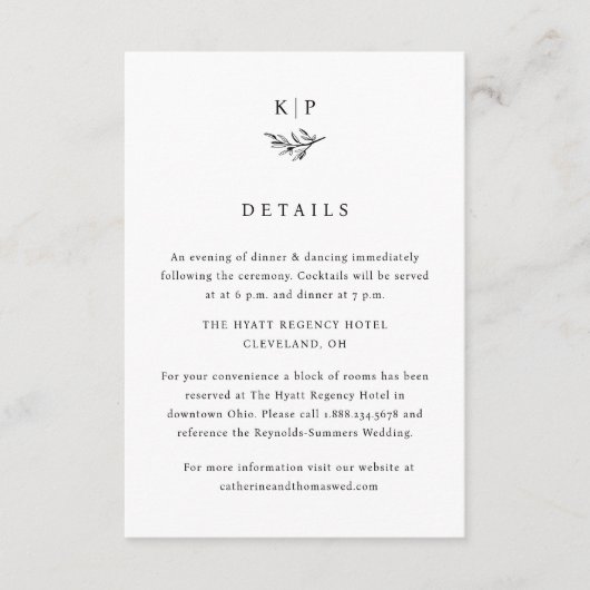 Elegant Monogram Greenery Leaves Wedding Details Informatiekaartje (Voorkant)