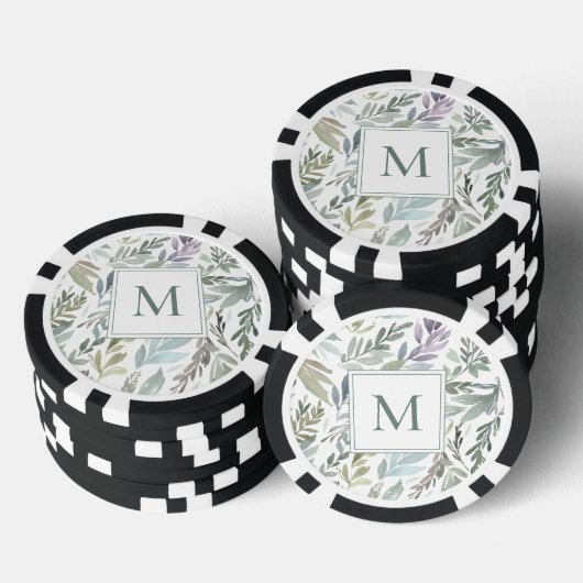 Elegant Monogram Groen Blauw Botanische Waterverf Poker Chips (Opstapeling)
