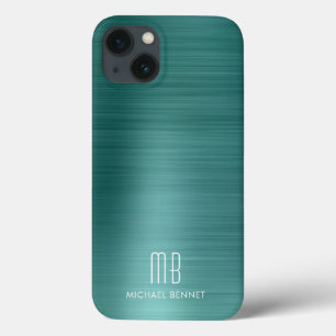 Elegant Monogram Groen geborsteld metaal iPhone 13 Hoesje