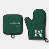 Elegant monogram groen ovenwant & pannenlap set (Voorkant)
