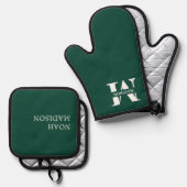 Elegant monogram groen ovenwant & pannenlap set (Voorkant / Achterkant)