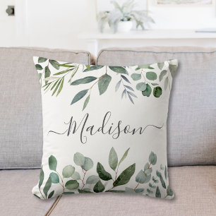 Elegant Monogram Groene Eucalyptus Tropische Blade Kussen