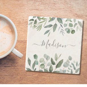 Elegant Monogram Groene Eucalyptus Tropische Blade Stenen Onderzetter