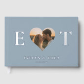 Élégant Monogram Heart Blue Mariage livre d'hôtes (Recto)