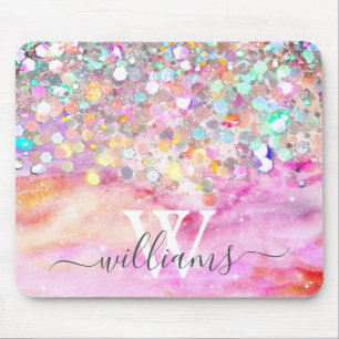Elegant Monogram Holografisch Glitter Pink Galaxy Muismat