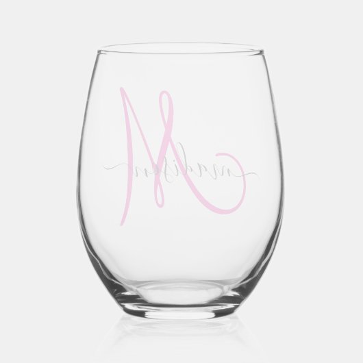 Elegant Monogram Hot Pink Black Name Script Wijnglas Zonder Voet (Achterkant)