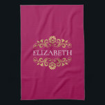 Élégant Monogram Hot Pink Gold serviette de cuisin<br><div class="desc">Un élégant et chic rose chaud et doré fleurit serviette de cuisine monogramme. Ajoutez votre nom entre la floraison dorée sur le devant. Conçu pour vous par Blackberry Boulevard.</div>