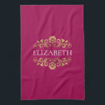 Élégant Monogram Hot Pink Gold serviette de cuisin<br><div class="desc">Un élégant et chic rose chaud et doré fleurit serviette de cuisine monogramme. Ajoutez votre nom entre la floraison dorée sur le devant. Conçu pour vous par Blackberry Boulevard.</div>