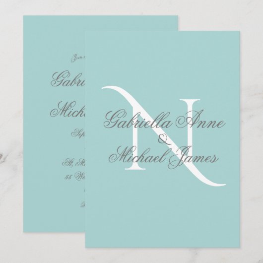 Elegant Monogram Initiaal Blue Wedding Kaart (Voorkant / Achterkant)