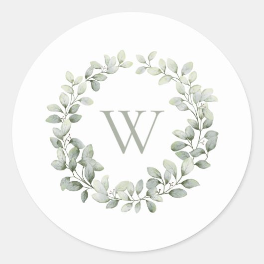 Elegant Monogram Initiaal Groen Sage gebladerte Ronde Sticker (Voorkant)