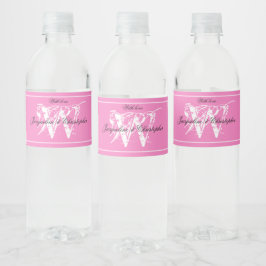 Elegant Monogram Initiaal + Names Chic Pink Weddin Waterfles Etiket
