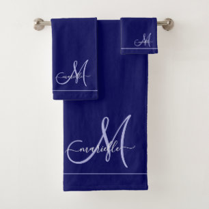 Elegant Monogram Initiaal Navy Blauw Bad Handdoek