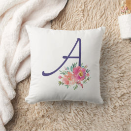 Elegant Monogram Initiaal Roze Waterverf Rozen Kussen