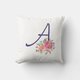 Elegant Monogram Initiaal Roze Waterverf Rozen Kussen