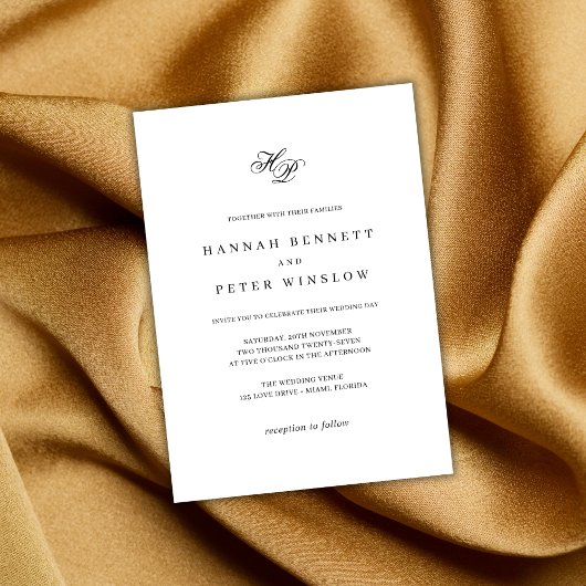 Elegant Monogram Initiaal Wit & Zwart Huwelijk Kaart