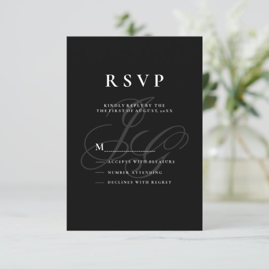 Elegant monogram initiaal zwart wit RSVP Kaart (Staand voorkant)
