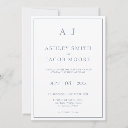 Elegant Monogram Initialen Dusty Blue Wedding Kaart (Voorkant)