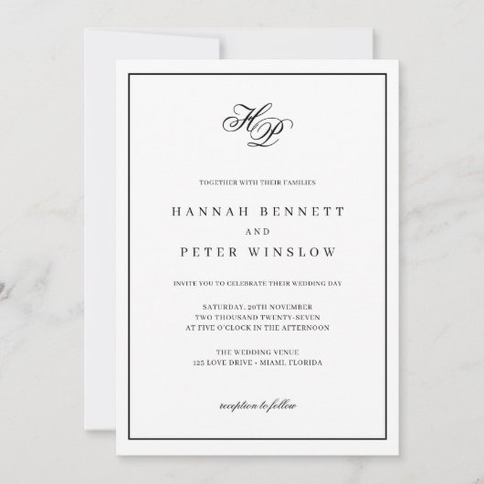 Elegant Monogram Initialen Zwart Lijst bruiloft Kaart (Voorkant)
