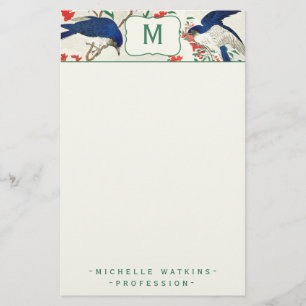 Elegant Monogram Japans Woodblock Bird Briefpapier