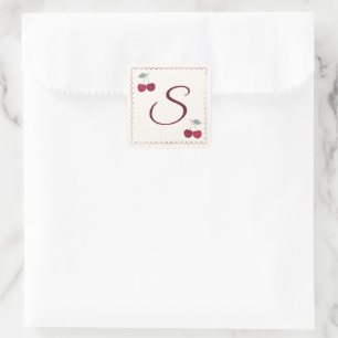 Elegant Monogram Kersen Motief Scalloped Vierkant Vierkante Sticker