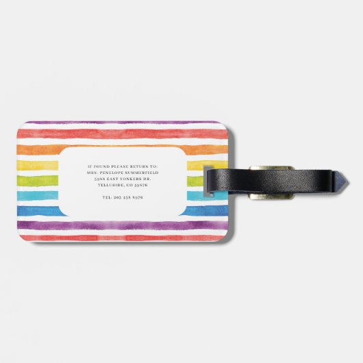 Elegant Monogram Kleurrijke Waterverf Regenboog Bagagelabel (Achterkant horizontaal)