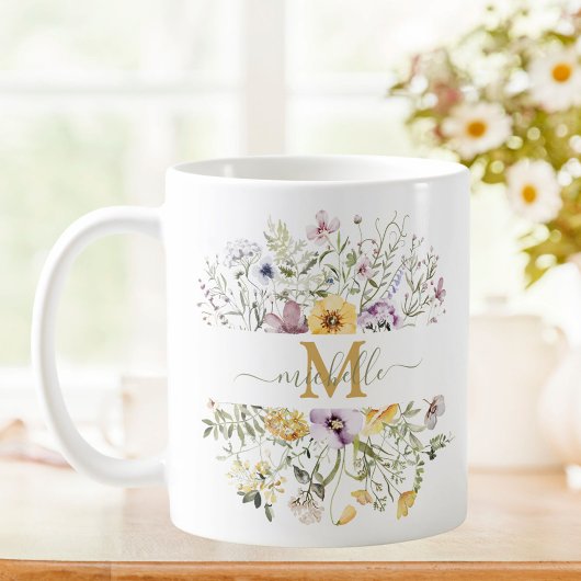 Elegant Monogram Kleurrijke Wildflower Tuin Bloeme Koffiemok
