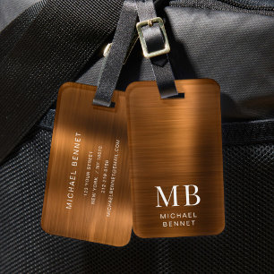 Elegant Monogram Koper Bruin Geborsteld Metaal Bagagelabel