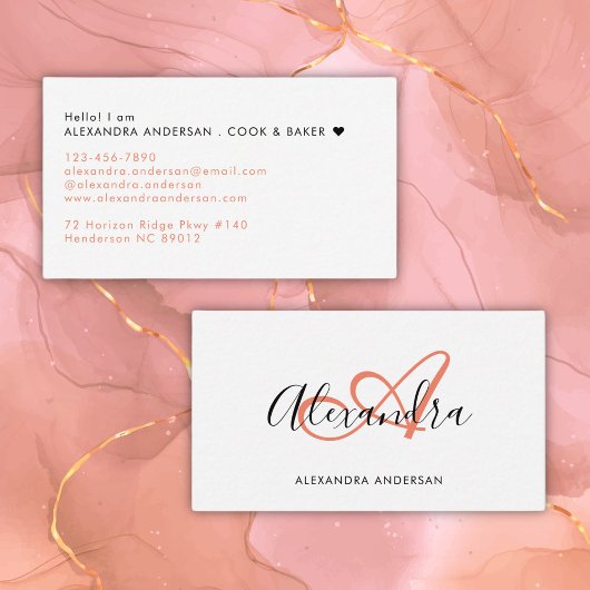 Elegant Monogram Koraal Roze Zwart Script Naam Visitekaartje