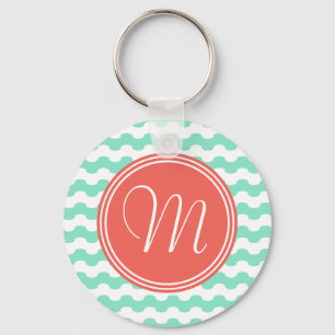 Elegant monogram koralen met golven in groen sleutelhanger