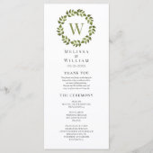 Elegant Monogram Krans Groen Blad Bruiloft Programma (Voorkant)