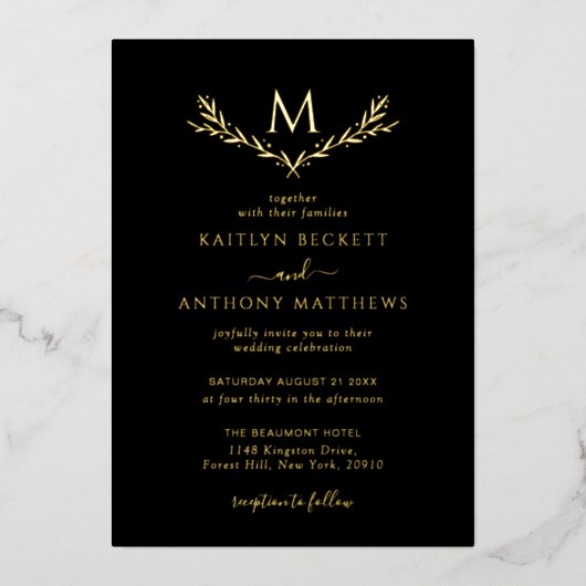 Elegant Monogram Krans Huwelijk Echt Folie Uitnodiging (Voorkant)