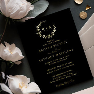 Elegant Monogram Krans Huwelijk Echt Folie Uitnodiging