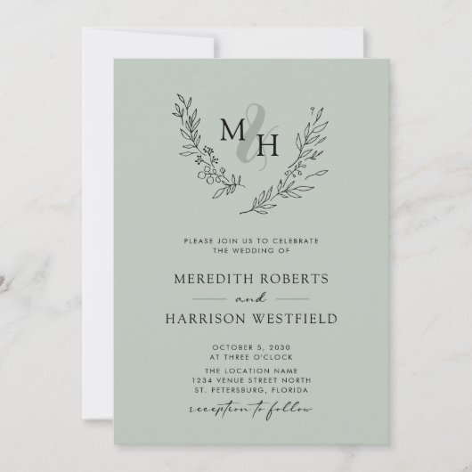 Elegant Monogram Krans Sage Bruiloft Kaart (Voorkant)