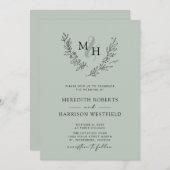 Elegant Monogram Krans Sage Bruiloft Kaart (Voorkant / Achterkant)