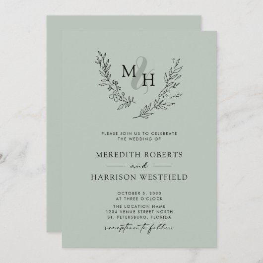 Elegant Monogram Krans Sage Bruiloft Kaart (Voorkant / Achterkant)
