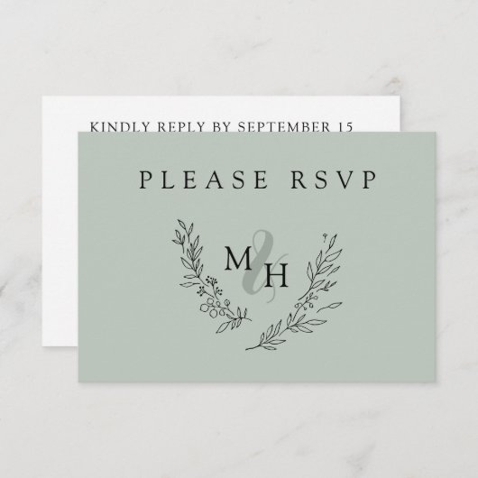 Elegant Monogram Krans Sage Bruiloft RSVP Kaartje (Voorkant / Achterkant)