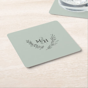 Elegant Monogram Krans Sage Bruiloft Vierkante Kartonnen Onderzetter