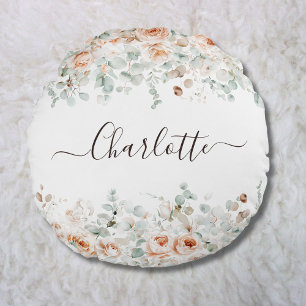 Elegant Monogram Landelijke Roos Bloemige Groene T Rond Kussen