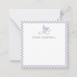 Elegant monogram lavendel gingham gepersonaliseerd notitiekaartje