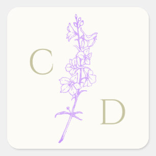 Elegant Monogram Lavendel Larkspur Bloemen Vierkante Sticker
