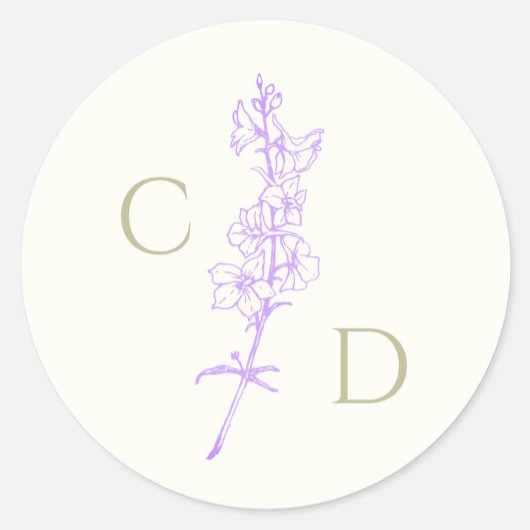 Elegant Monogram Lavendel Ridderspoor Bloemstuk Ronde Sticker