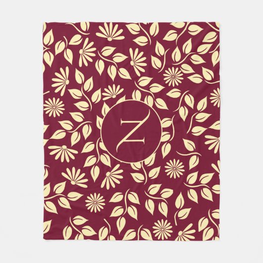 Elegant Monogram Leaf Daisy Pattern Burgundy Bath Fleece Deken (Voorkant)