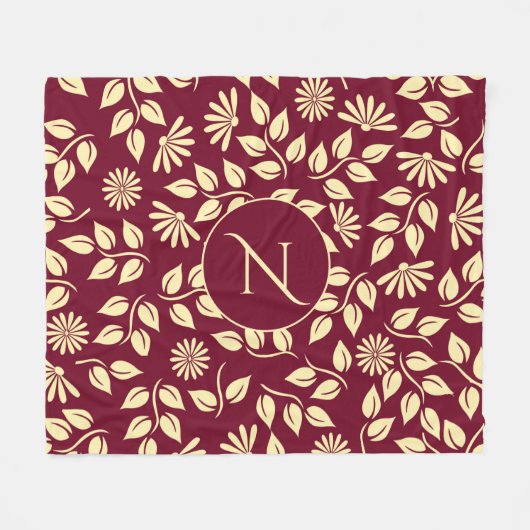 Elegant Monogram Leaf Daisy Pattern Burgundy Bath Fleece Deken (Voorkant (Horizontaal))