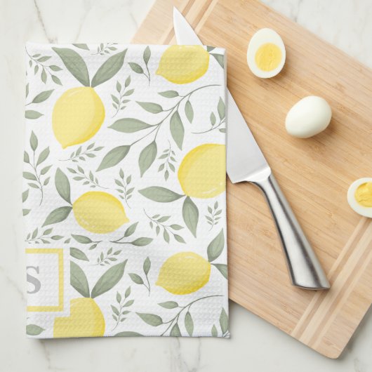 Elegant monogram Lemons en Leaves Pattern Theedoek (Quarter Fold)