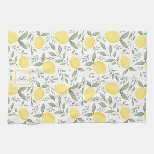 Elegant  monogram Lemons en Leaves Pattern Theedoek (Horizontaal)
