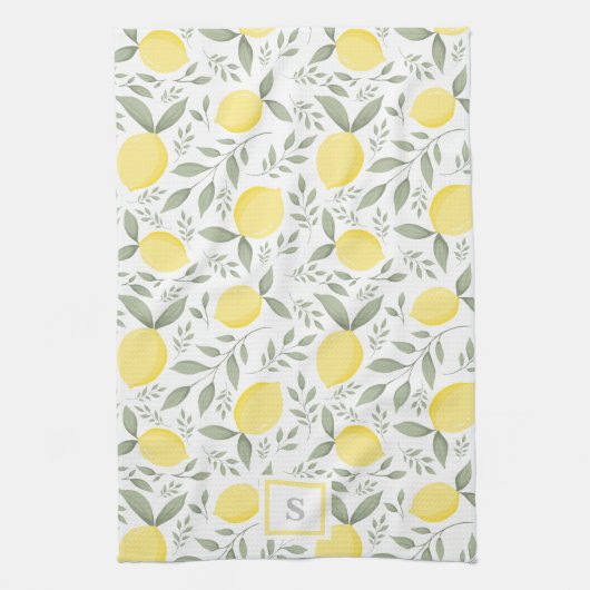 Elegant  monogram Lemons en Leaves Pattern Theedoek (Verticaal)