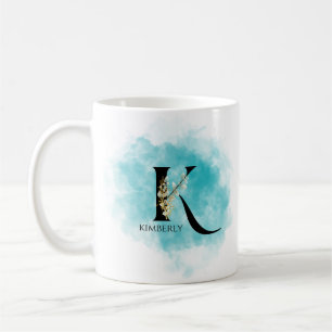 Elegant monogram letter K Blauwgroen gouden bloem Koffiemok