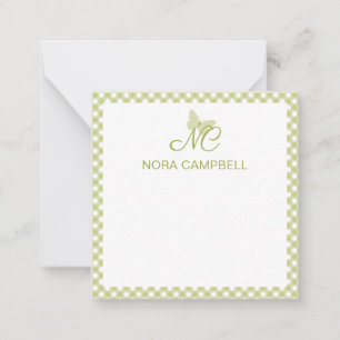 Elegant Monogram Lichtgroene Gingham gepersonalise Notitiekaartje