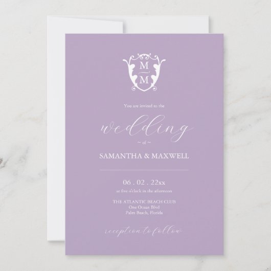 Élégant Monogram Lilac Mariage Invitations (Devant)